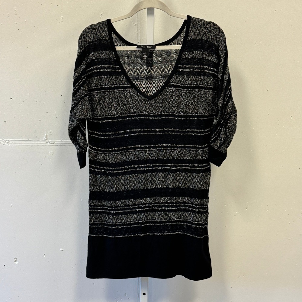 White House Black Market Metallic Striped V-Neck Tunic Sweater Black Silver Med